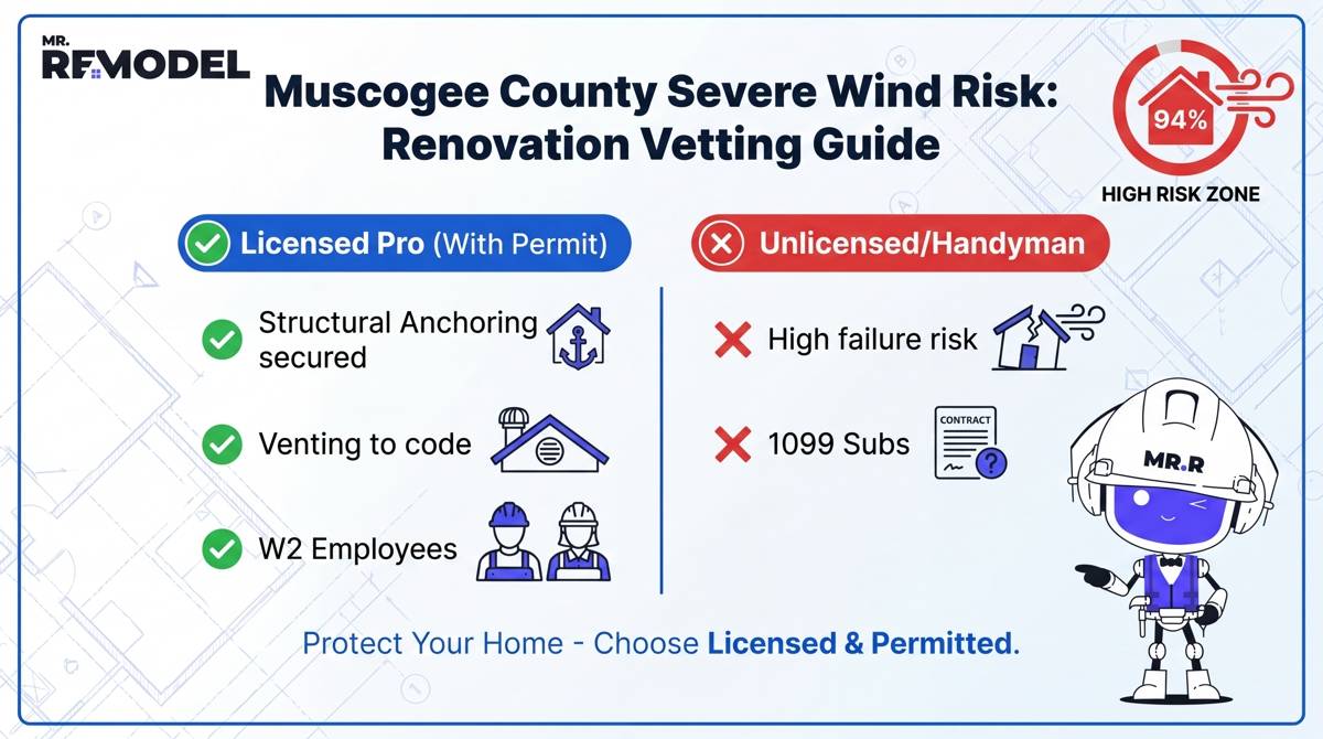 A digital checklist infographic contrasting the safety and compliance benefits of hiring permitted professionals against unlicensed labor in high wind risk Columbus, GA.